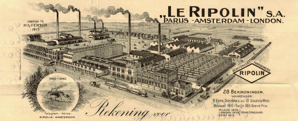 le Ripolin te Amsterdam, nota met gravure der fabrieken te Hilversum anno 1915