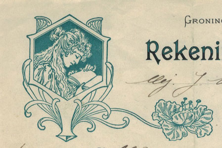 Jugendsti-gravure op een rekening van Boekhandel en uitgeverij Noordhoff te Groningen, 1919