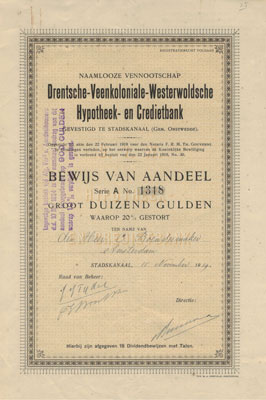 Drentsche-Veenkoloniale-Westerwoldsche Hypotheek- en Credietbank, aandeel uit 1919