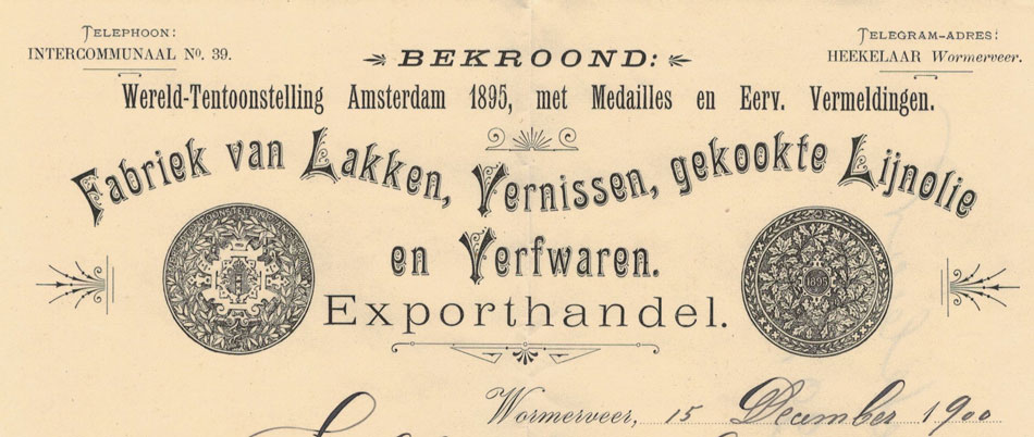 Jb Heekelaar & Zoon, Wormerveer, fabriek van verwaren etc., nota uit 1900