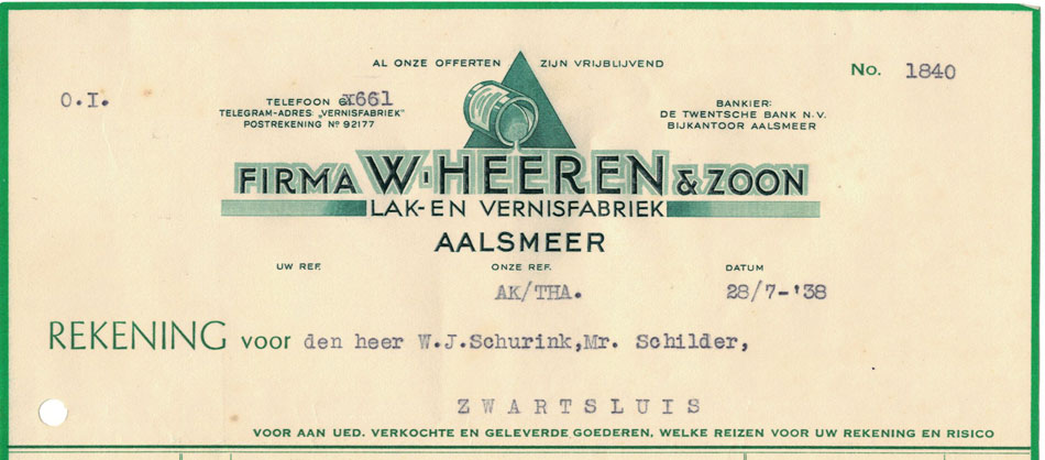 Fa. W. Heeren & Zn, Aalsmeer, verffabriek, nota uit 1938