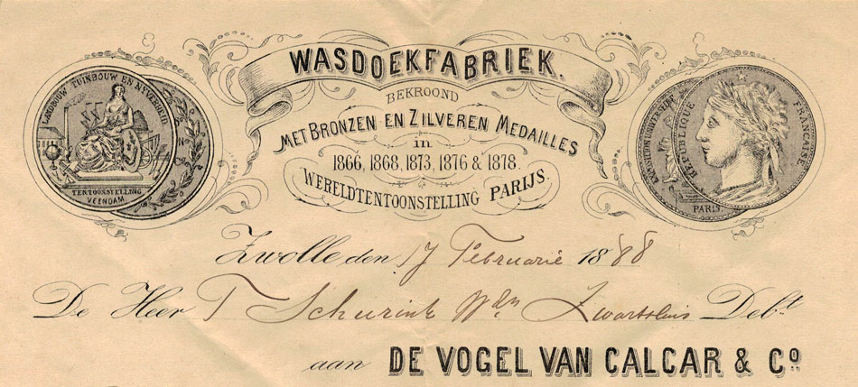 De Vogel en van Calcar & Co. te Zwolle, wasdoekfabriek, nota uit 1888