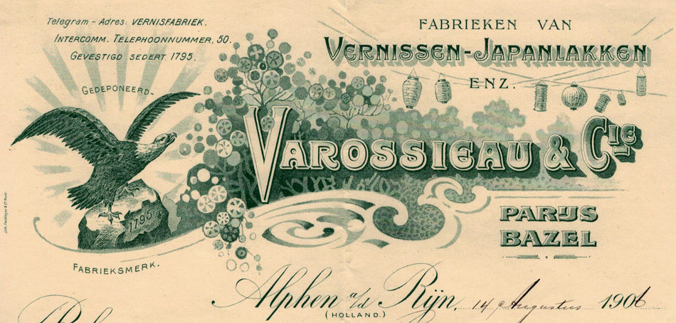 Varossieau & Cie, verffabriek, alphen ad Rijn, rekening uit 1906 in groene druk