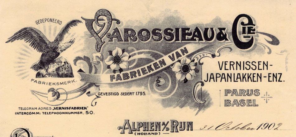 Varossieau & Cie, Fabrieken van Vernissen etc, Alphen a/d Rijn, rekening uit 1902