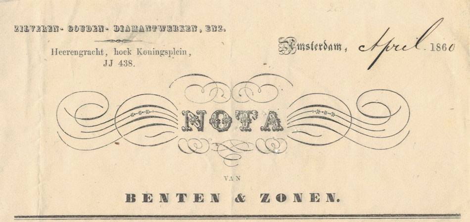Benten & Zonen, Amsterdam, nota uit 1860 voor zilverwerken ad fl 1900