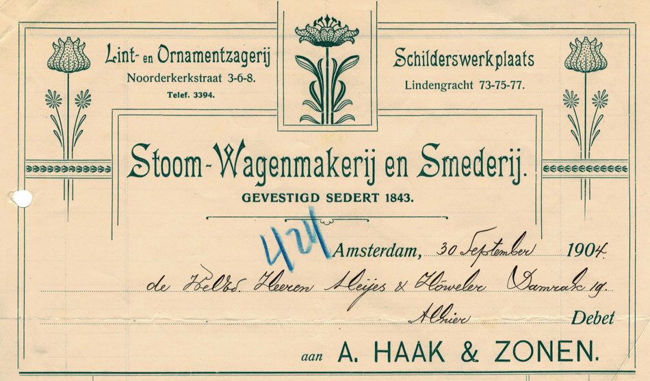 Haak & Zonen, Stoom-Wagenmaker en Smederij, Amsterdam, 1904, rekening in Jugendstil