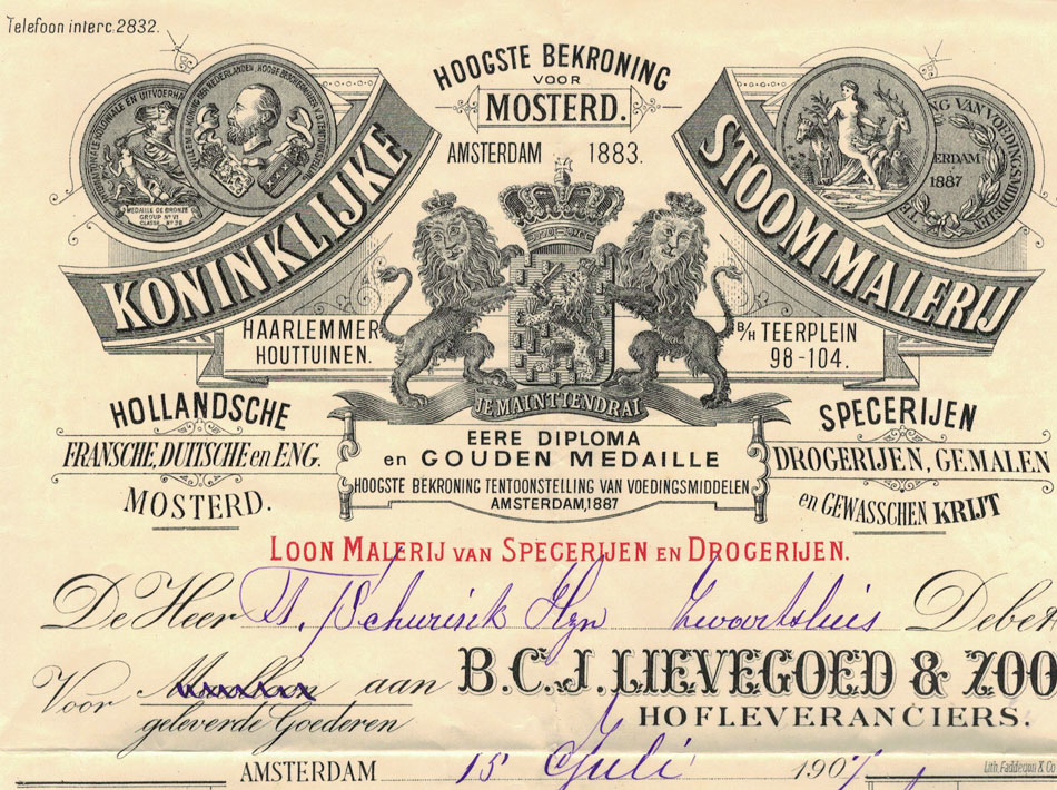 Lievegoed & Zoon, Amsterdam, Koninklijke Stoommalerei, rekening uit 1903