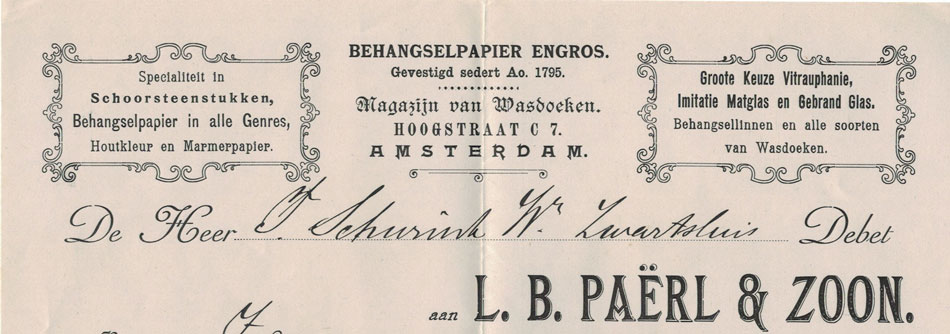 Paërl & Zoon, Behangselpapier Engros, Amsterdam, nota uit 1905