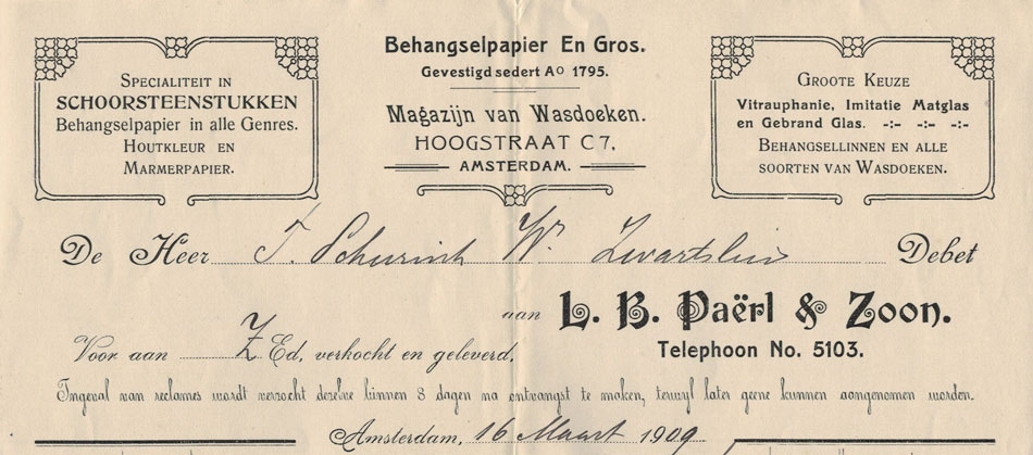 L.B. Paerl & Zoon,  Amsterdam, Behangselpapier Engros, nota uit 1909 in Jugendstil