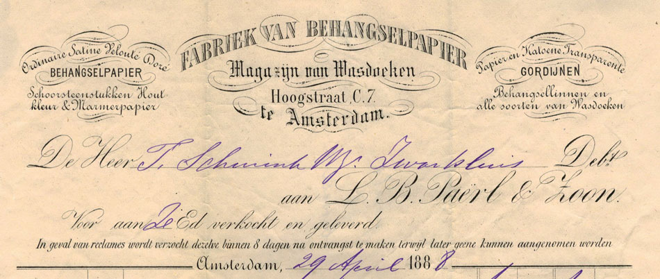 L.B. Paerl & Zoon, Amsterdam, behangselpapier, rekening uit 1888