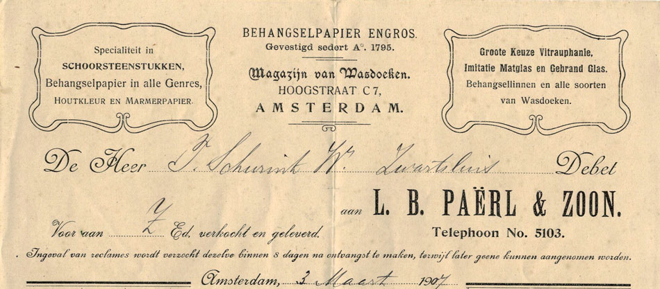 L.B. Paerl & Zoon, A'dam, Behangselpapier Engros, nota uit 1907 in Jugendstil