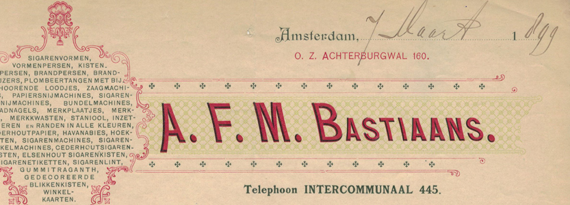 A.F.M. Bastiaans, machines en toebehoren voor de tabaksindustrie, Amsterdam 1899, nota