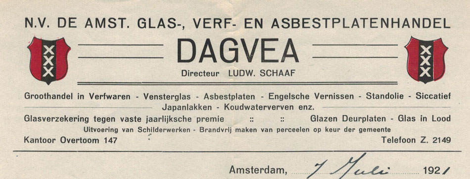 Amsterd.Glas-, Verf- en Asbestplatenhandel DAGVEA, nota uit 1921