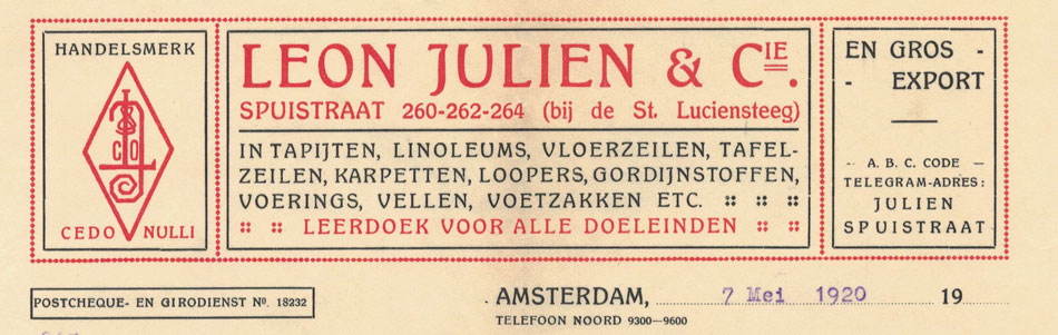 Leon Julien & Cie, Amsterdam, vloerbedekking en gordijnstoffen, rekening uit 1920