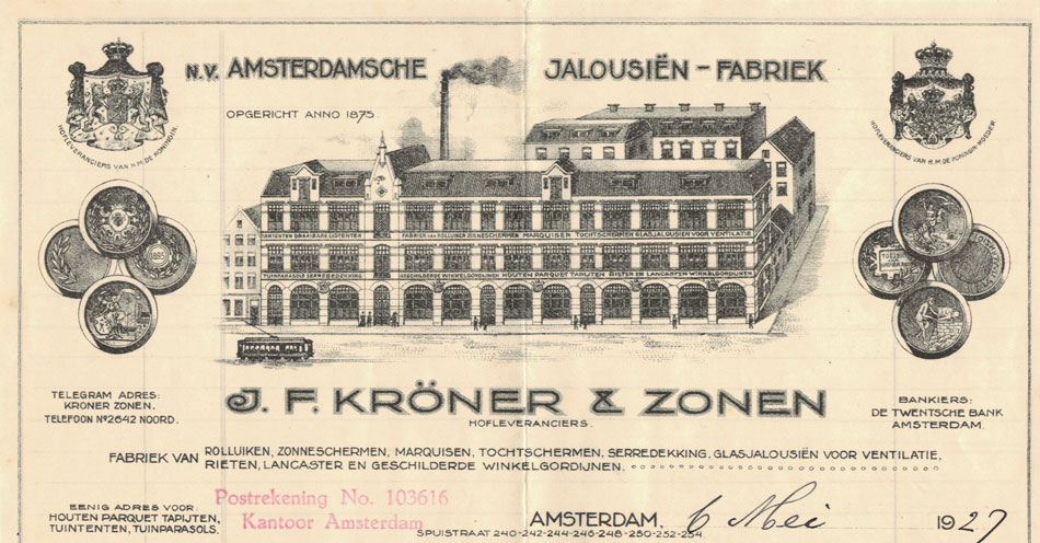 J.f. Kruoner & Zonen, Jalousiënfabriek te Amsterdam, brief uit 1921
