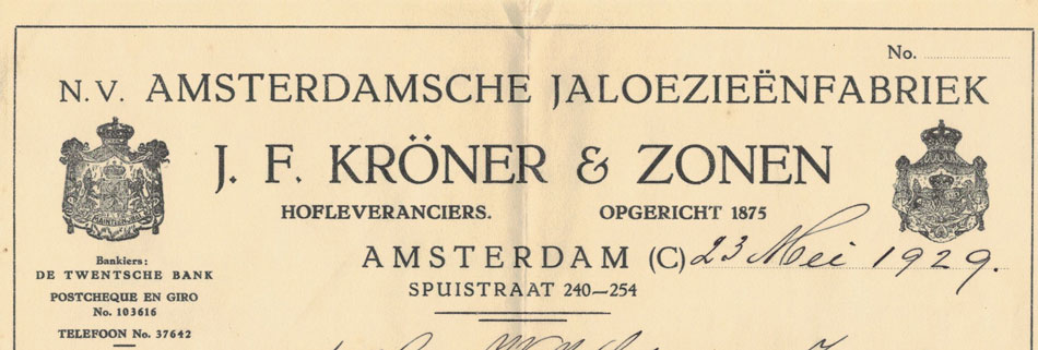 J.F. Kroner, Amsterdam, Jalousiënfabriek, rekening uit 1929