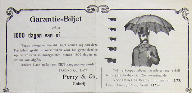 Paraplu-garantie-biljet van Perry & Co.