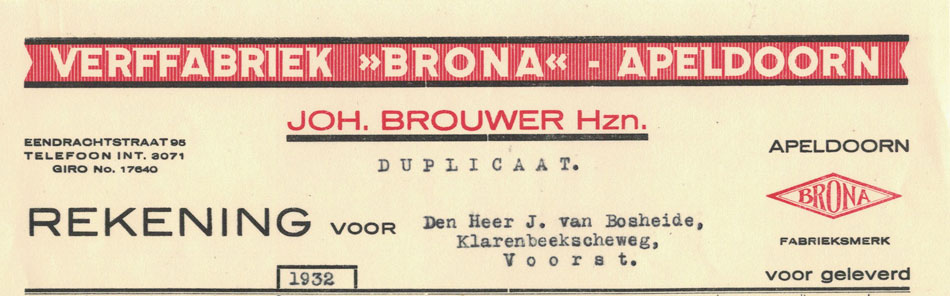 Joh. Brouwer Hzn, Apeldoorn, verffabriek, nota uit 1933