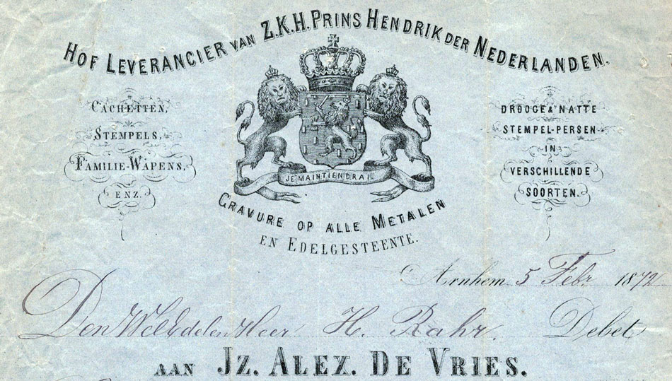 Jz.Alex De vries, Arnhem, graveurs, nota uit 1872