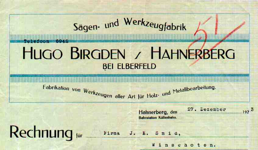 Hugo Birgden, rechnung aus 1923