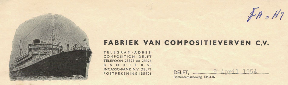 Fabriek van Composietverven, Delft, 1954, brief met afbeelding van een grote boot