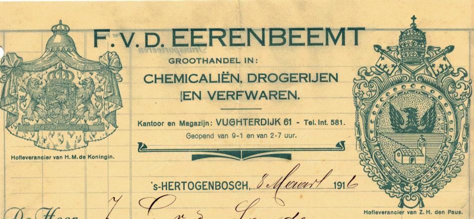 F. van de Eerenbeemt, Den Bosch, rekening uit 1916 met het Pauselijke wapen van benedictus de XV.