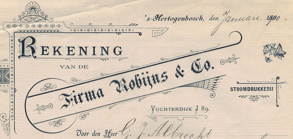 Fa. Robijns & Co, stoomdrukkerij in 's Hertogenbosch, nota in Jugendstil uit 1890