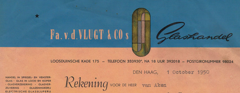Fa. v.d.Vlugt & Co's Glashandel, Den Haag 1950, rekening met fraai briefhoofd