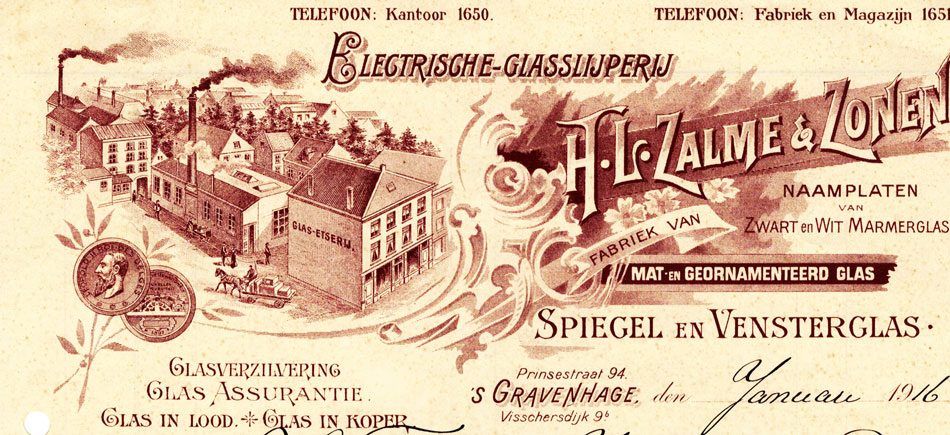 H.L. Zalme & Zonen, Electrische glasslijperij, 's Gravenhage 1916, rekening