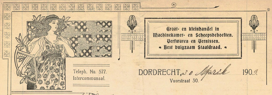 Fa. Van Deurzen & Zonen, Dordrecht, briefhoofd in Jugendstil uit 1909