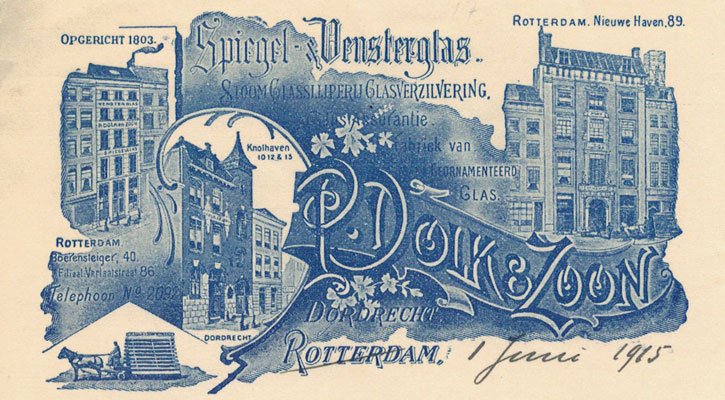 P. Dolk & Zoon, spiegel- en Vensterglas, Dordrecht / Rotterdam, ca. 1910;  rekening