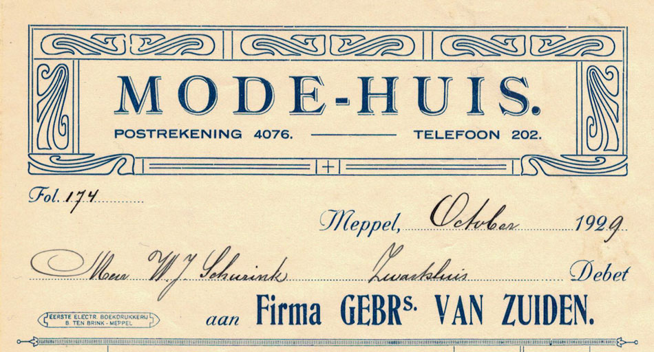Gebr. van Zuiden, Meppel, Mode-Huis, rekening uit 1929 in Jugendstil