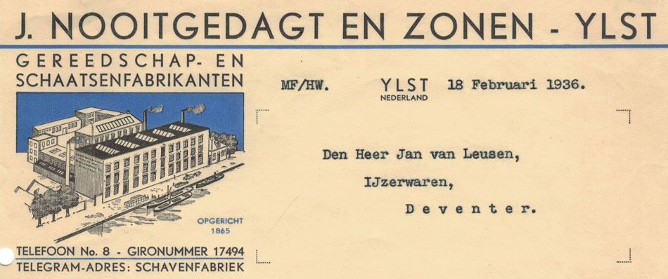 J. Nooitgedacht en Zonen, schaatsfabrikanten, Ylst, brief uit 1936
