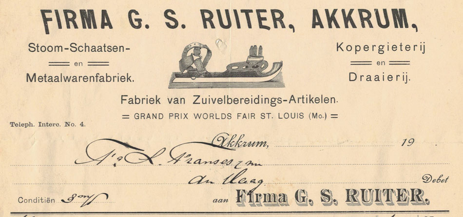G.S. Ruiter, Akkrum, nota uit 1909 voor 2 paar schaatsen