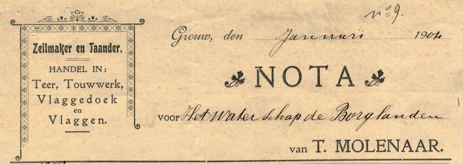 T. MOlenaar te Grouw, rekening uit 1904 voor zeilen van de Borglands Molen 