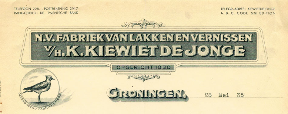 Kiewiet de Jonge, verffabriek te Groningen, briefhoofd uit 1935