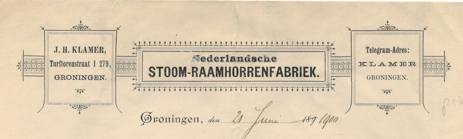J.H. Klamer, Nederlandsche Stoom-Raamhorrenfabriek, nota uit 1900