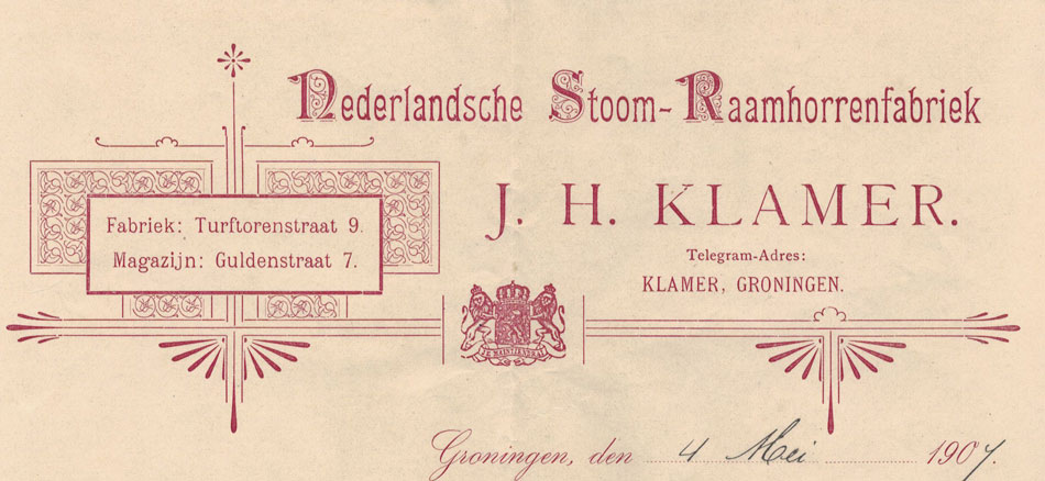 J.H. Klamer, Nederl. Stoom- Raamhorrenfabriek, nota uit 1907