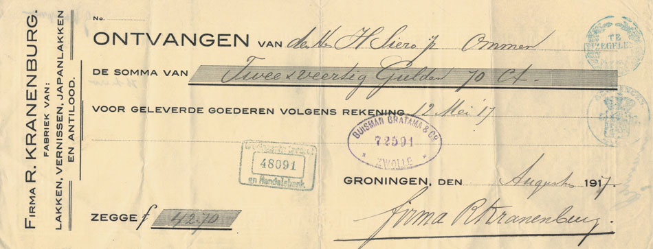 R. Kranenburg, Groningen, Verffabriek, Ontvangstbewijs uit 1917