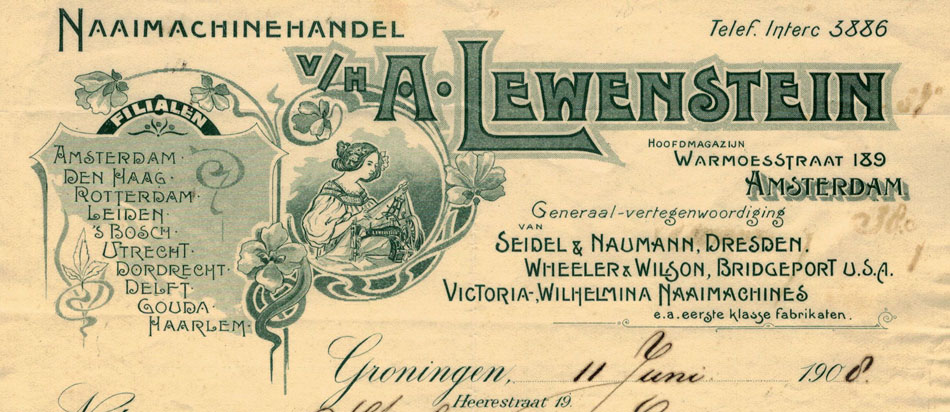 Lewestein naaimachines, nota uit1908 vanuit Groningwn