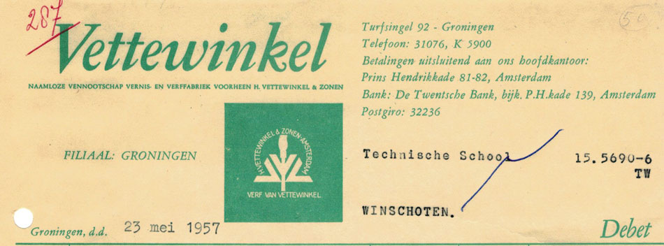 Vettewinkel filiaal Groningen, nota uit 1957 met bedrijfslogo
