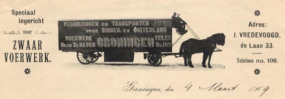 Vredevoogd, verhuizingen en transport, brief uit 1909