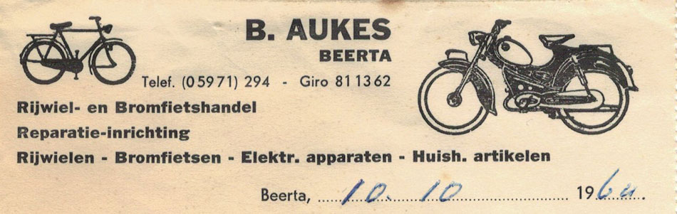 B. Aukes, rijwielhandel te Beerta, nota uit 1964