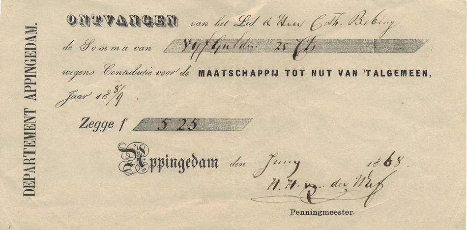 maatschappij tot Nut van het algemeen, departement Appingedam, kwitantie uit 1868