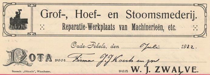 W.J. Zwalve, Grof-, Hoef- en Stoomsmederij te Oude Pekela, rekening uit 1922