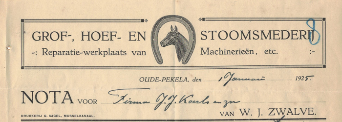 W.J. Zwalve, Oude Pekela, smederij, machine-reparaties etc, nota uit 1925