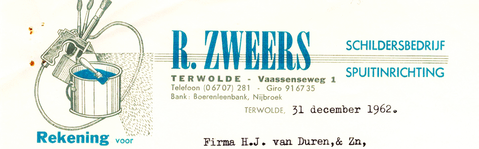 schildersbedrijf Zweers te Terwolde, rekening uit 1962