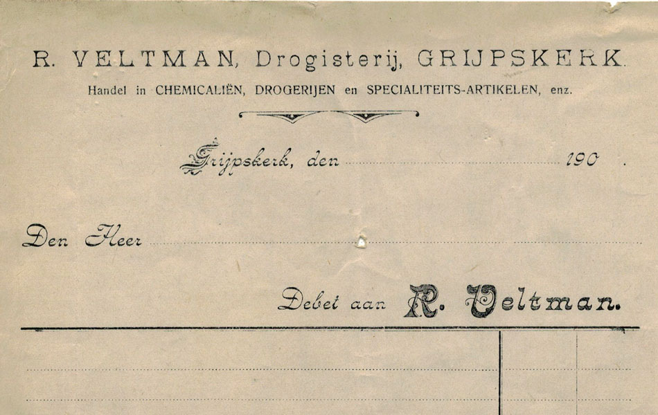 R.Veltman, drogisterij te Grijpskerk, nota uit 1921