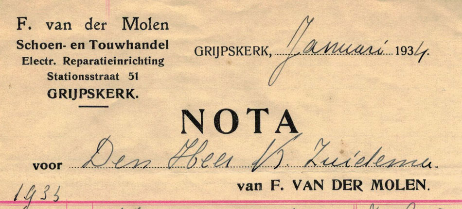 F. van der Molen, schoen- en touwhandel te Grijpskerk, nota uit 1934