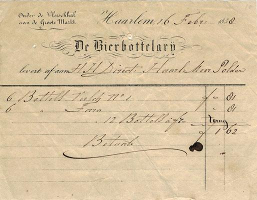 De Bierbottelarij, Haarlem, nota uit 1858